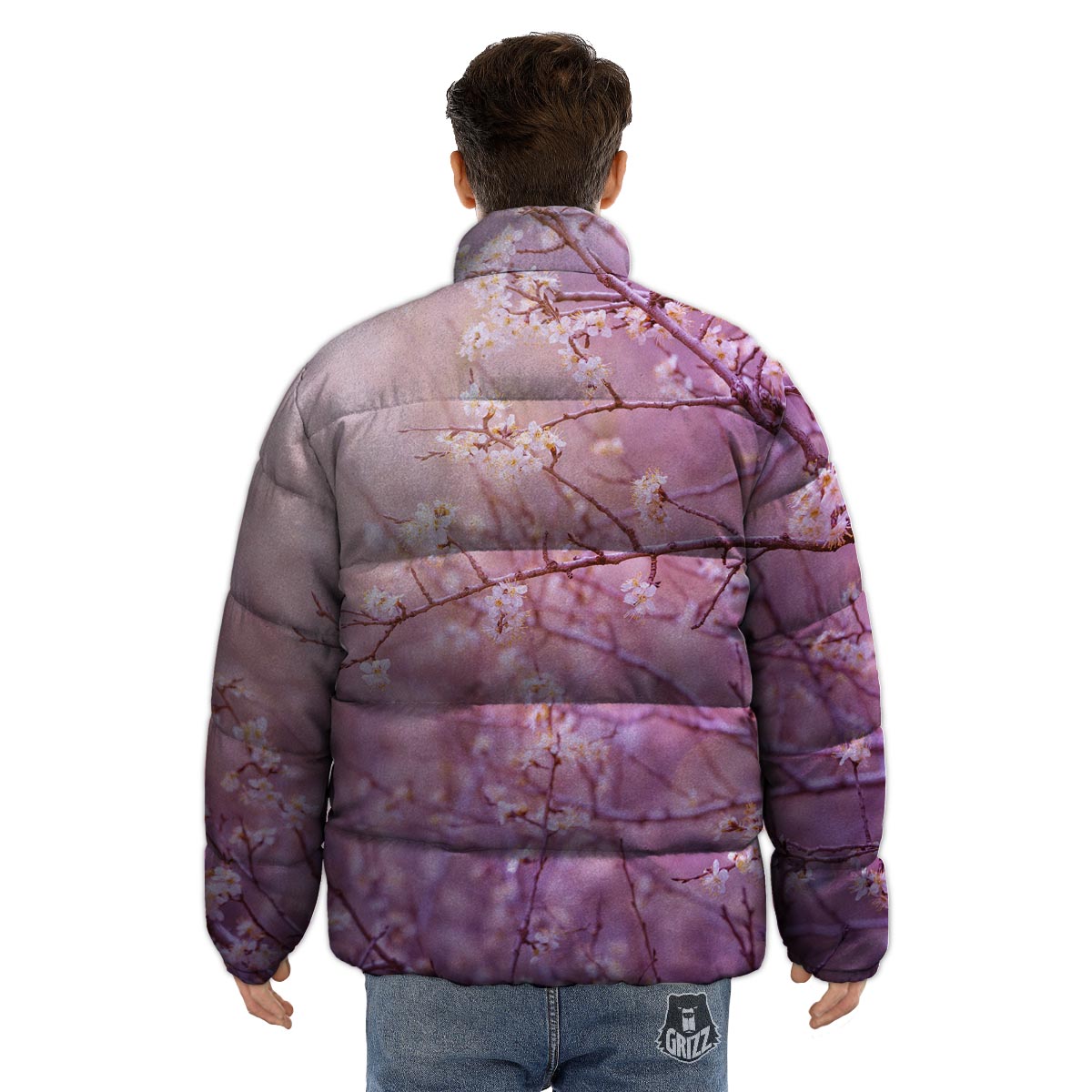 Cherry Blossom Sunrise Japanese Print Puffer Jacket-grizzshop