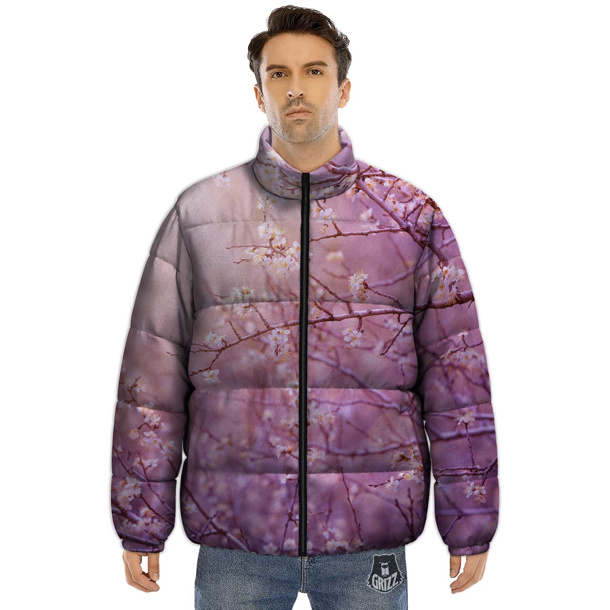 Cherry Blossom Sunrise Japanese Print Puffer Jacket-grizzshop
