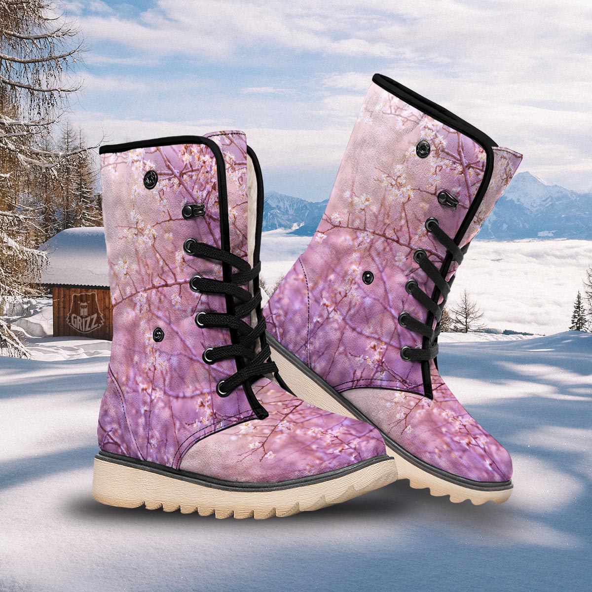 Cherry Blossom Sunrise Japanese Print Snow Boots-grizzshop