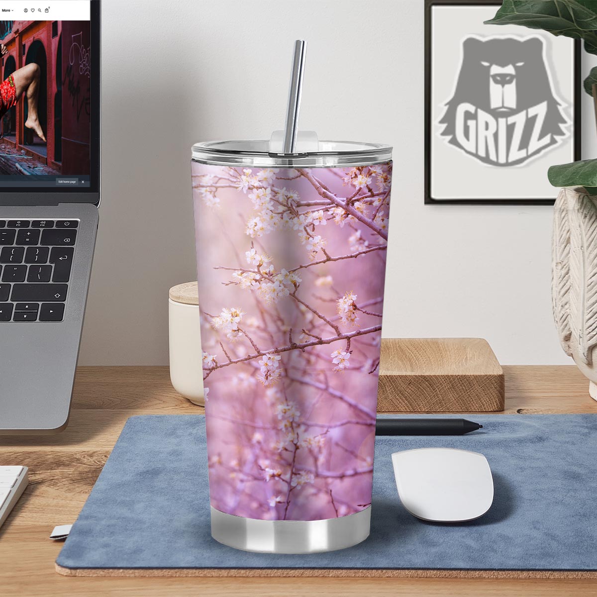 Cherry Blossom Sunrise Japanese Print Tumbler-grizzshop