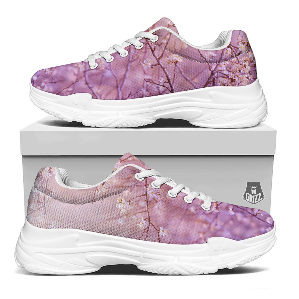 Cherry Blossom Sunrise Japanese Print White Chunky Shoes-grizzshop