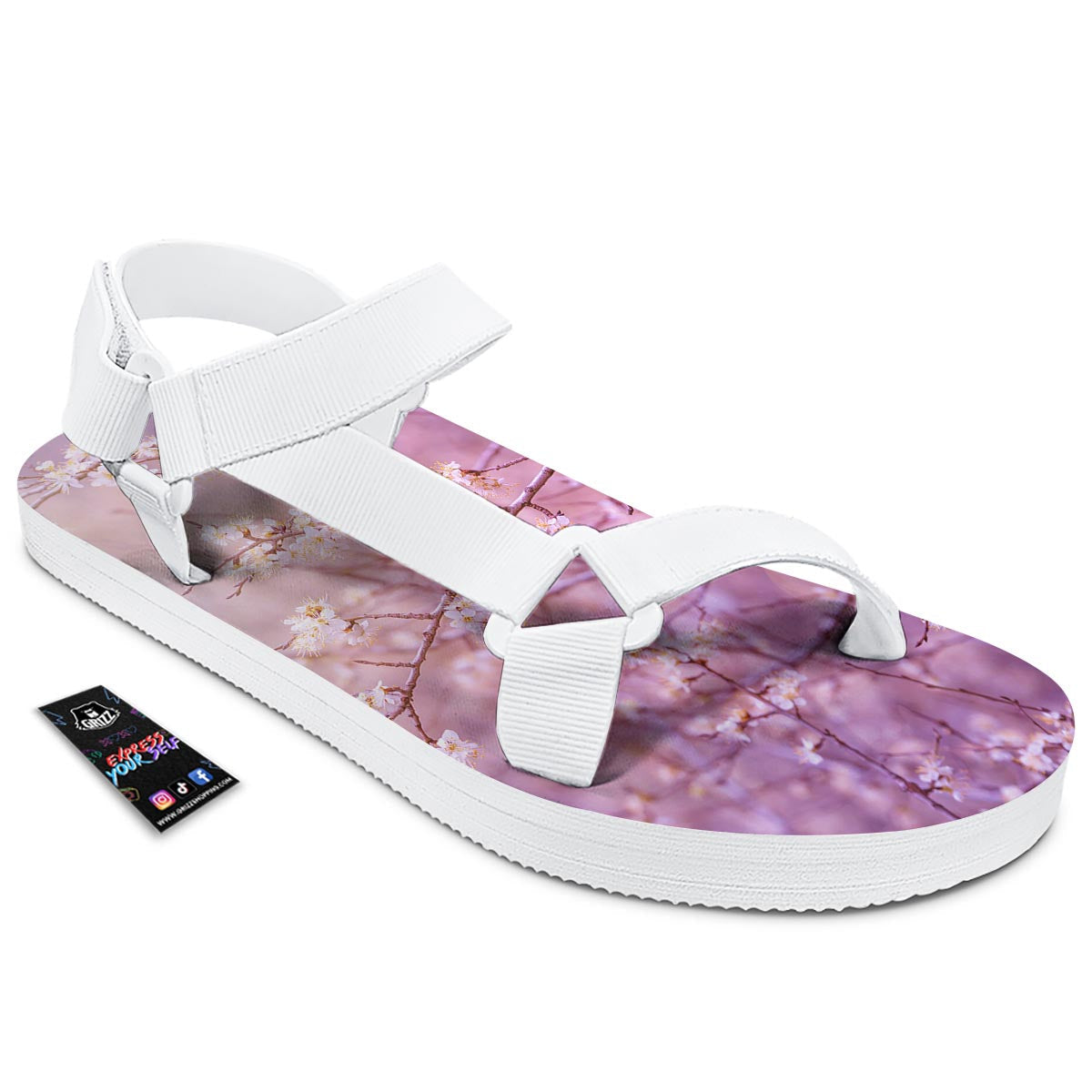 Cherry Blossom Sunrise Japanese Print White Open Toe Sandals-grizzshop