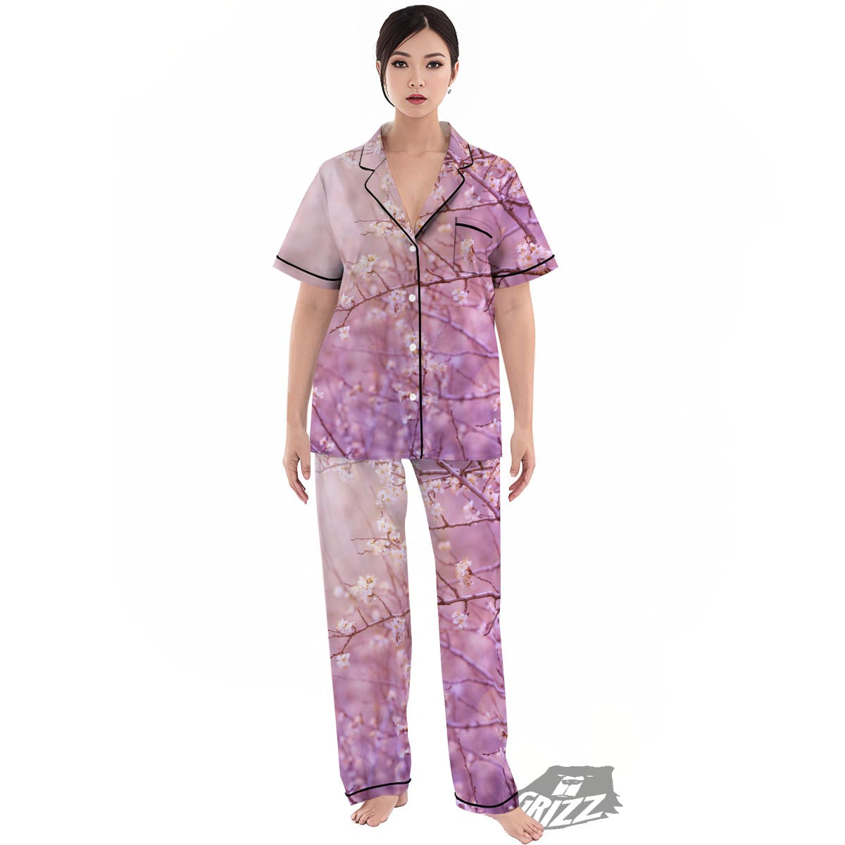 Cherry Blossom Sunrise Japanese Print Women's Pajamas Set-grizzshop