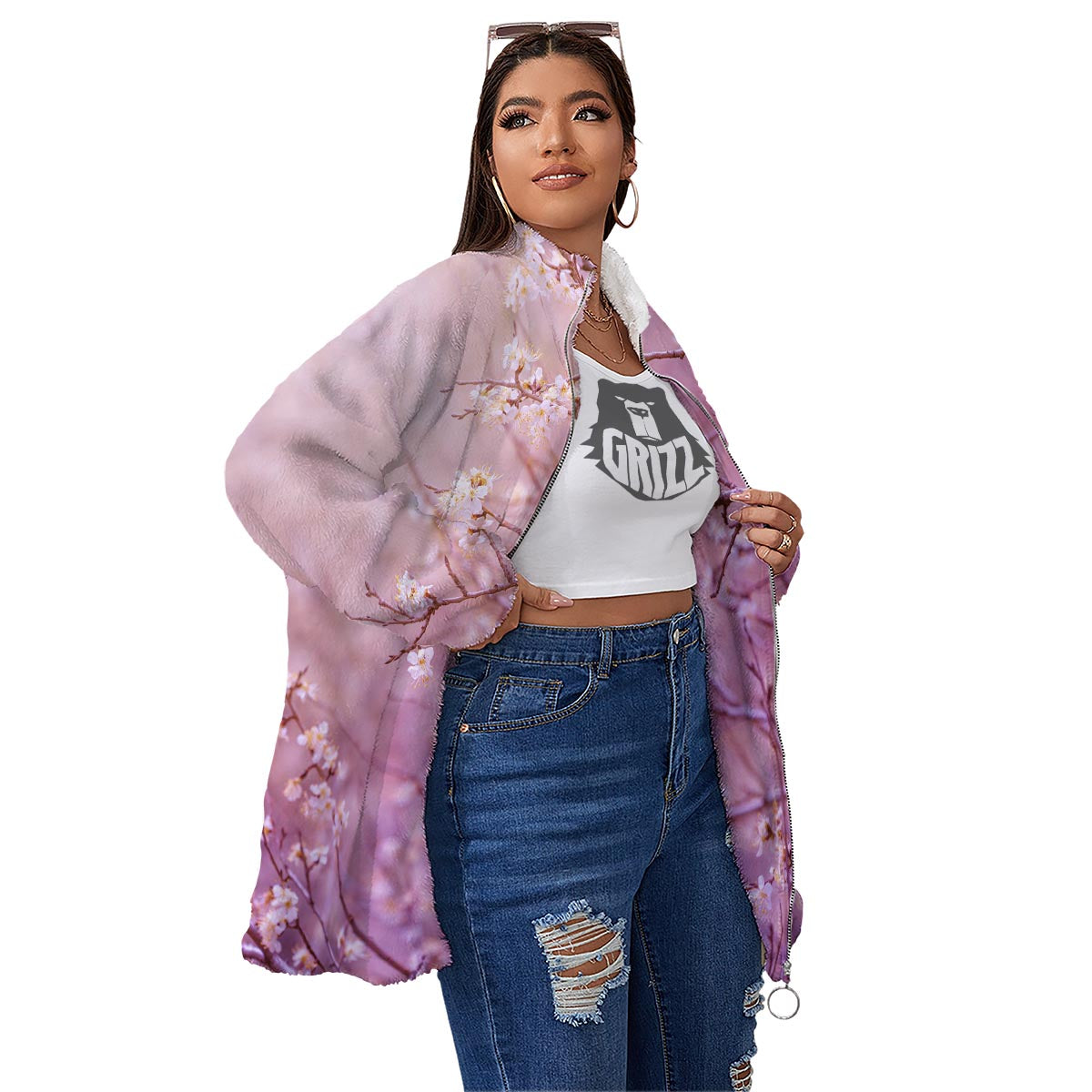 Cherry Blossom Sunrise Japanese Print Women's Sherpa Jacket-grizzshop