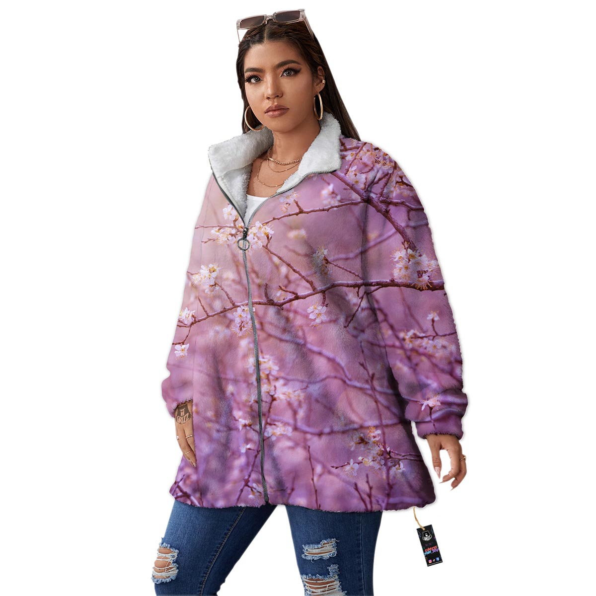 Cherry Blossom Sunrise Japanese Print Women's Sherpa Jacket-grizzshop