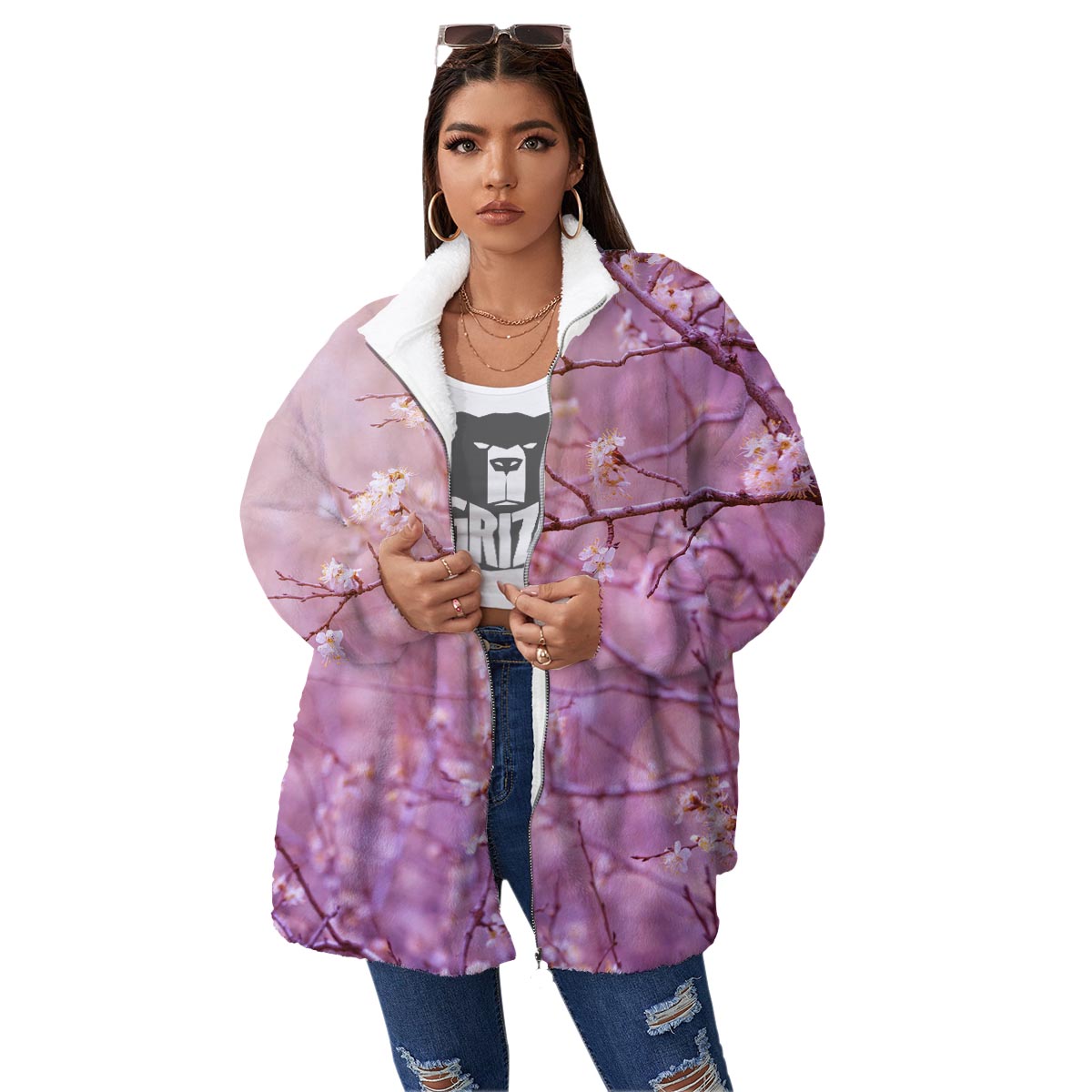 Cherry Blossom Sunrise Japanese Print Women's Sherpa Jacket-grizzshop
