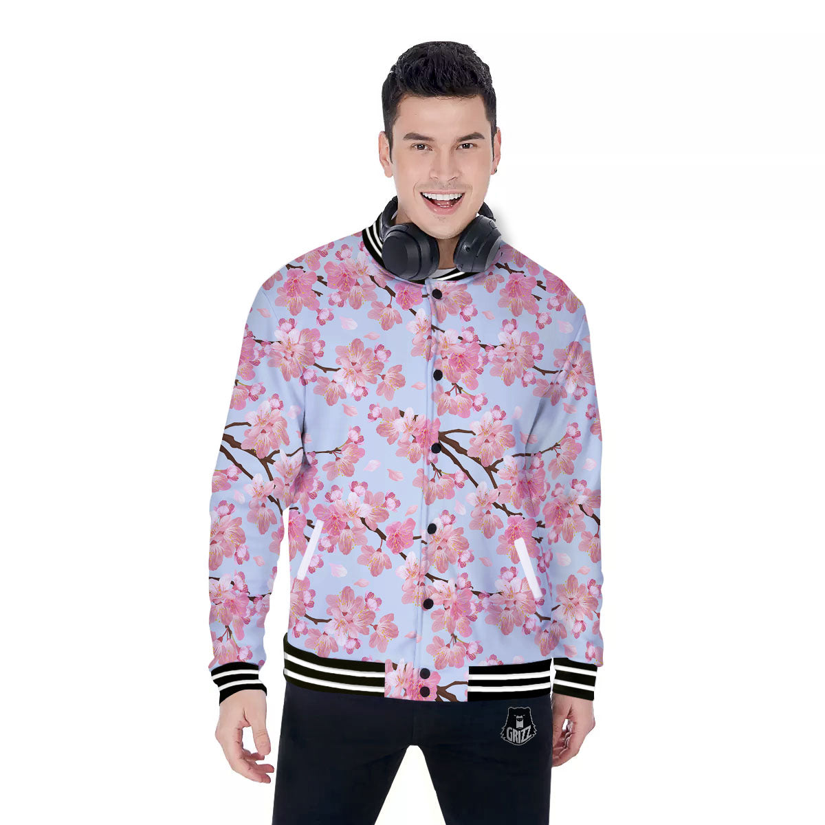 Cherry Blossom Tree Japanese Print Pattern Baseball Jacket-grizzshop