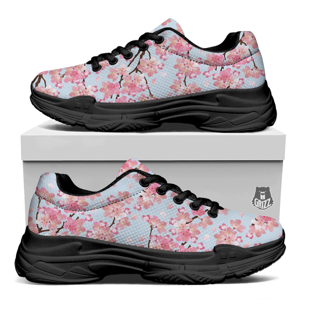 Cherry Blossom Tree Japanese Print Pattern Black Chunky Shoes-grizzshop