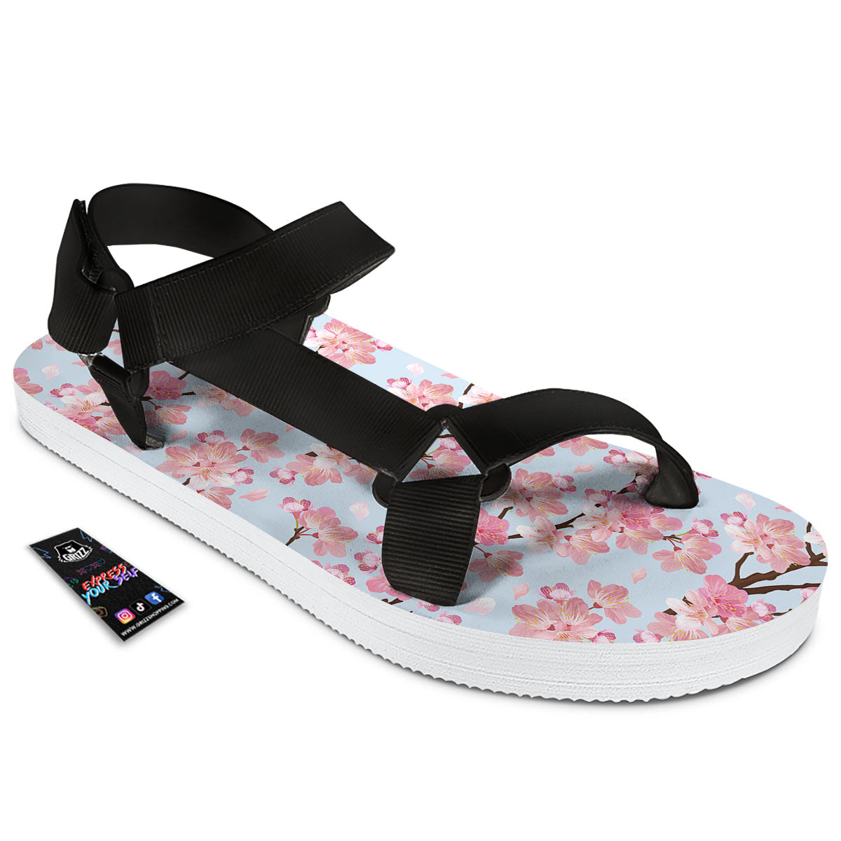 Cherry Blossom Tree Japanese Print Pattern Black Open Toe Sandals-grizzshop