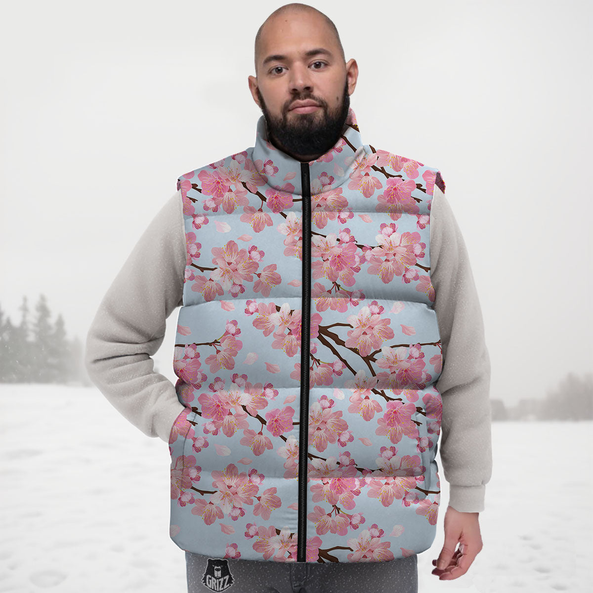 Cherry Blossom Tree Japanese Print Pattern Down Vest