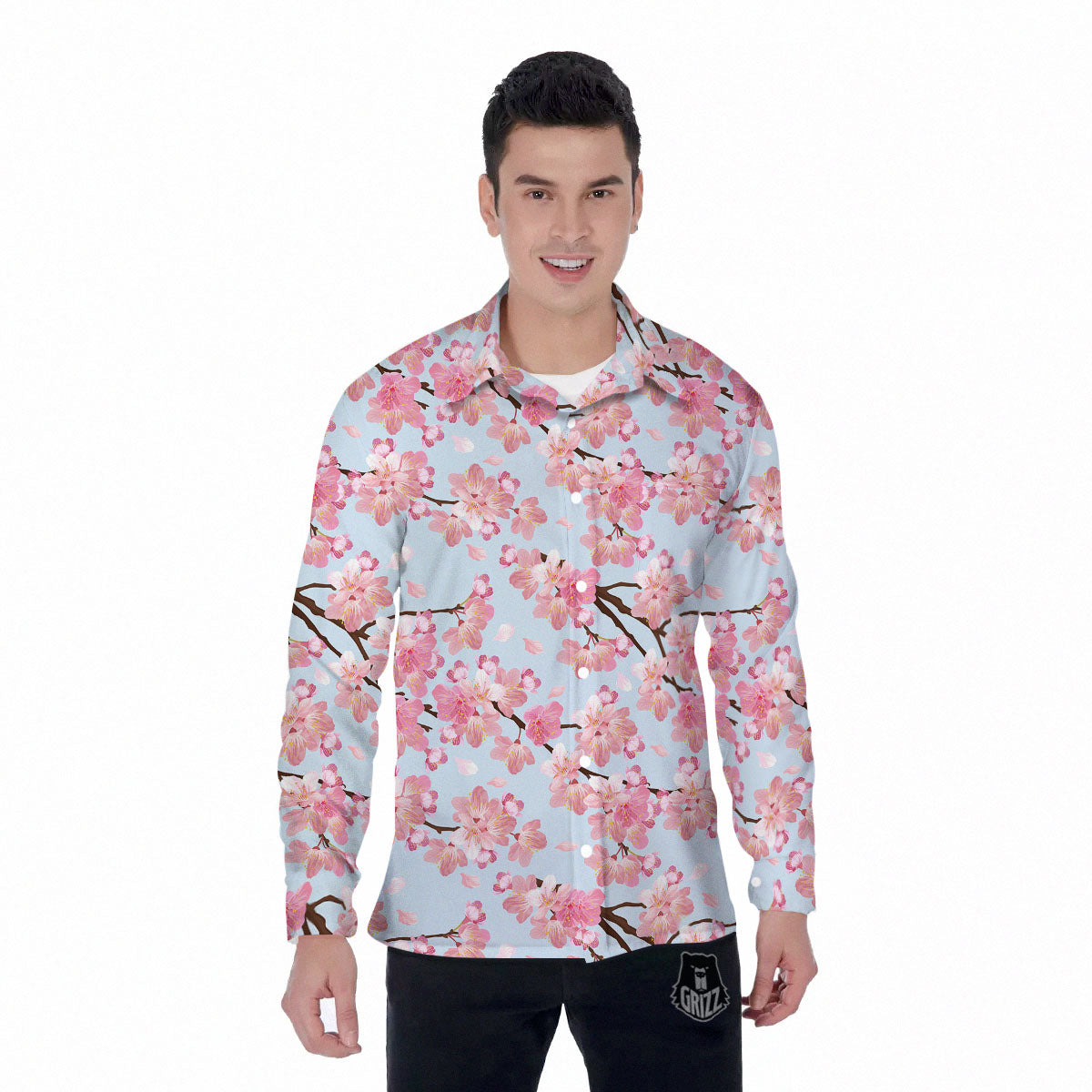 Cherry Blossom Tree Japanese Print Pattern Men's Long Sleeve Shirts-grizzshop