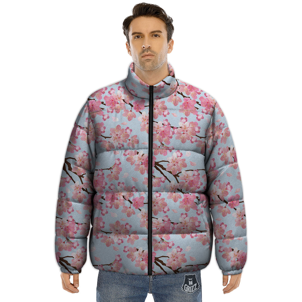 Cherry Blossom Tree Japanese Print Pattern Puffer Jacket-grizzshop