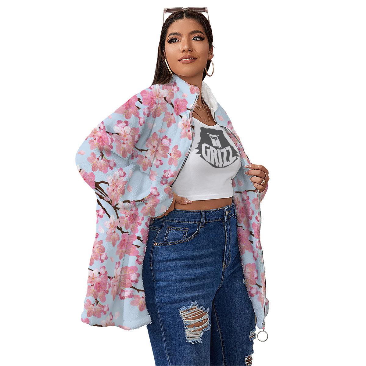 Cherry Blossom Tree Japanese Print Pattern Women's Sherpa Jacket-grizzshop