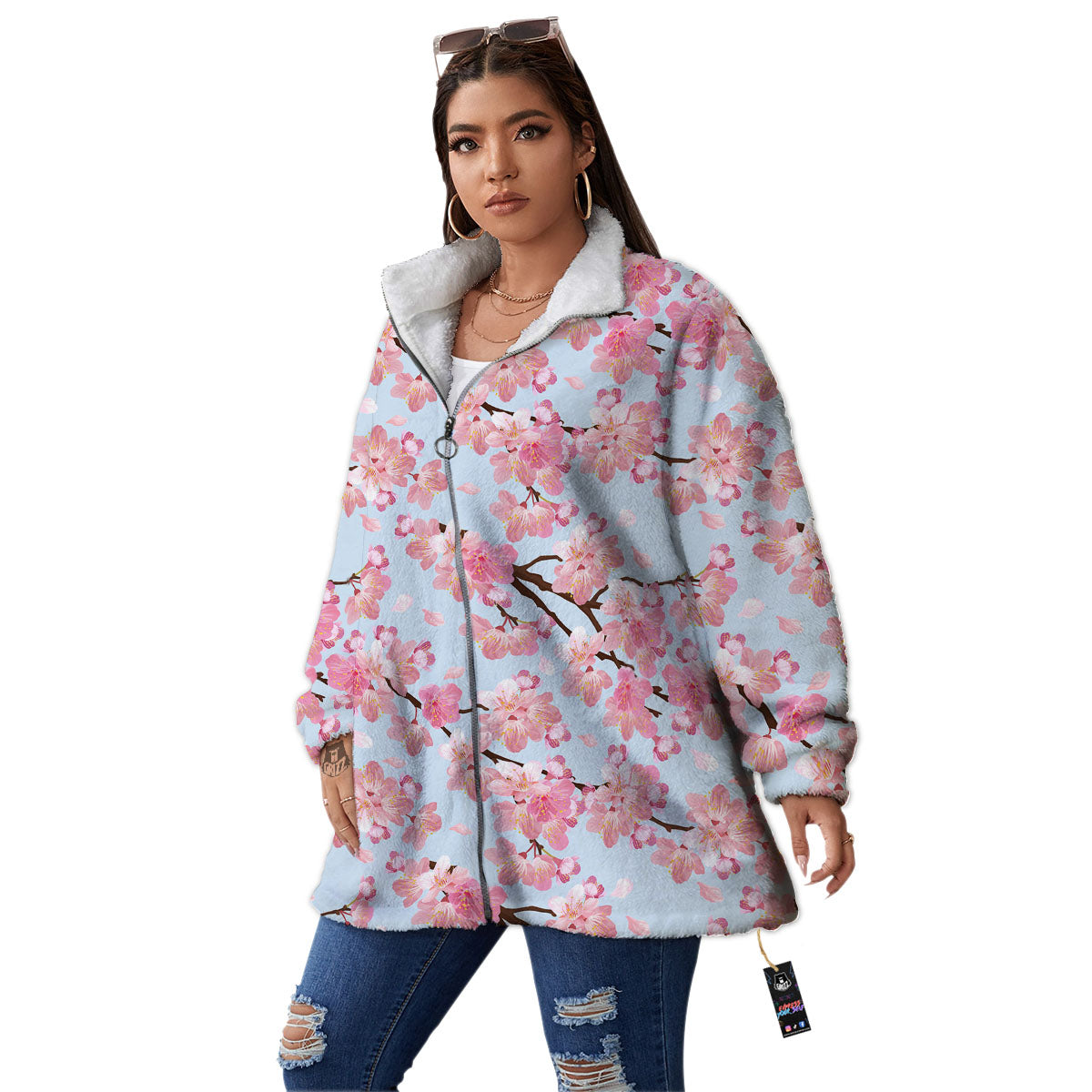 Cherry Blossom Tree Japanese Print Pattern Women's Sherpa Jacket-grizzshop