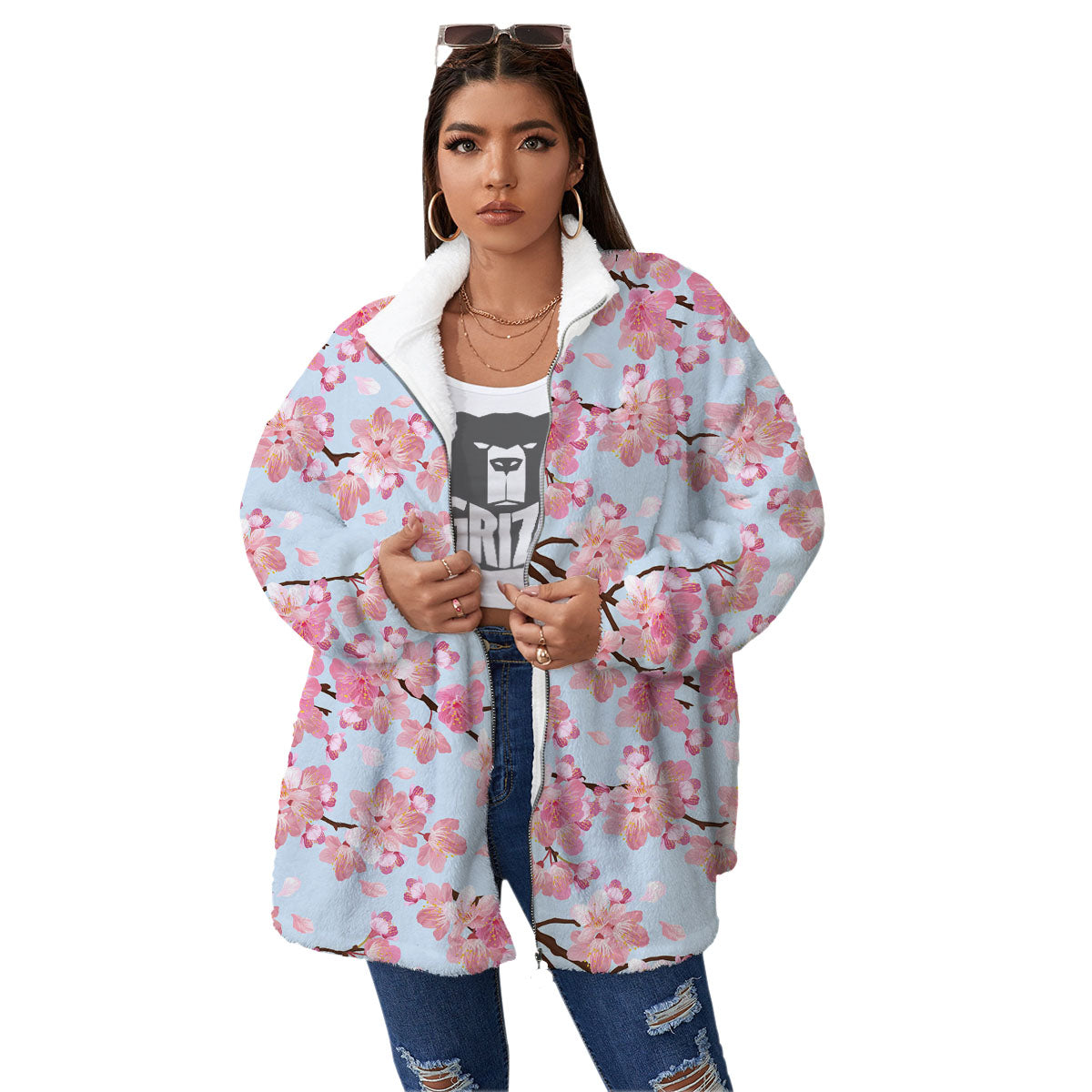 Cherry Blossom Tree Japanese Print Pattern Women's Sherpa Jacket-grizzshop