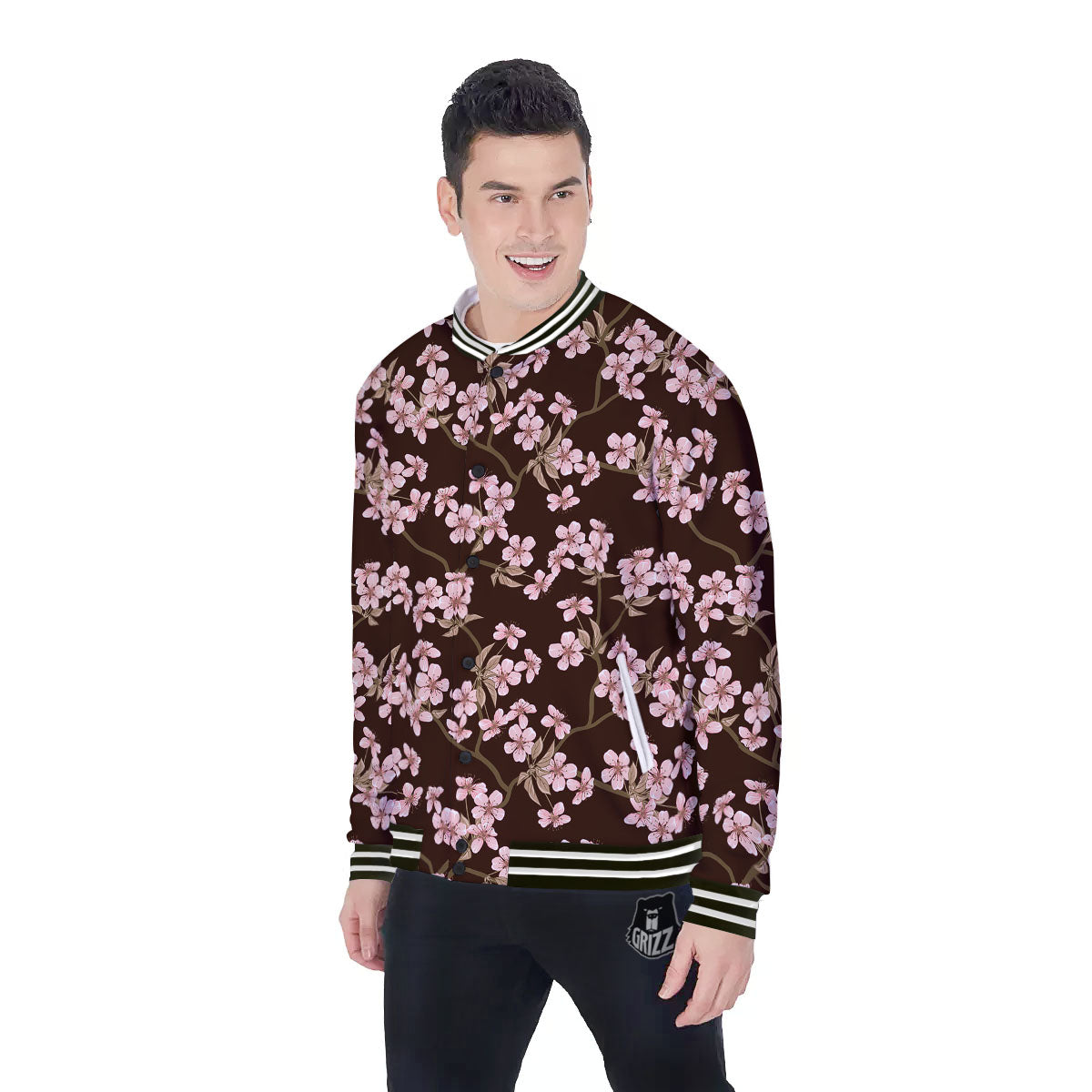 Cherry Blossom Vintage Print Pattern Baseball Jacket-grizzshop