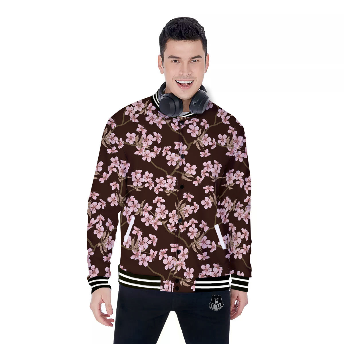 Cherry Blossom Vintage Print Pattern Baseball Jacket-grizzshop