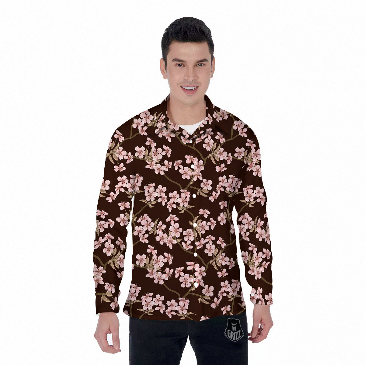 Cherry Blossom Vintage Print Pattern Men's Long Sleeve Shirts-grizzshop