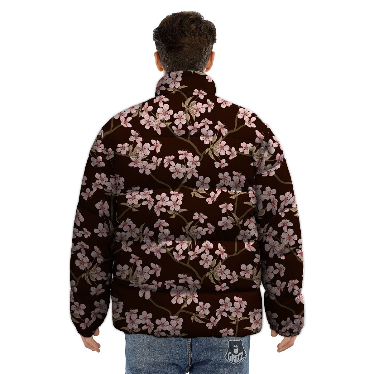 Cherry Blossom Vintage Print Pattern Puffer Jacket-grizzshop