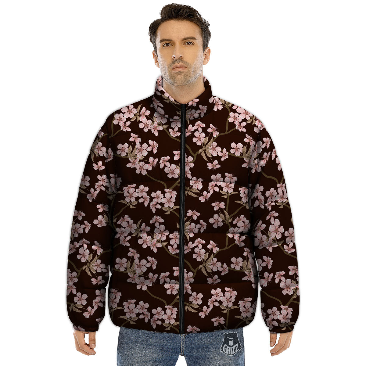 Cherry Blossom Vintage Print Pattern Puffer Jacket-grizzshop