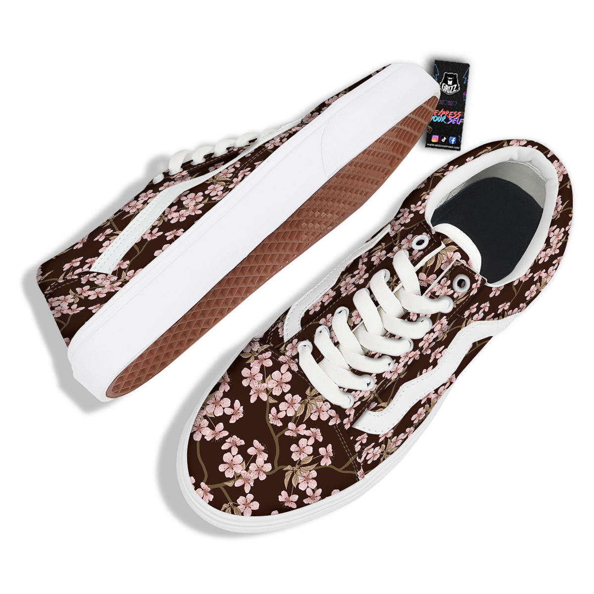 Cherry Blossom Vintage Print Pattern Skate Shoes-grizzshop