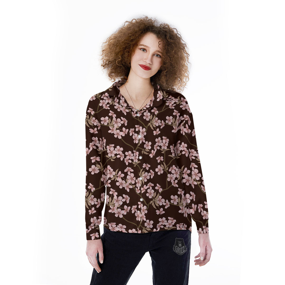 Cherry Blossom Vintage Print Pattern Women's Long Sleeve Shirts-grizzshop