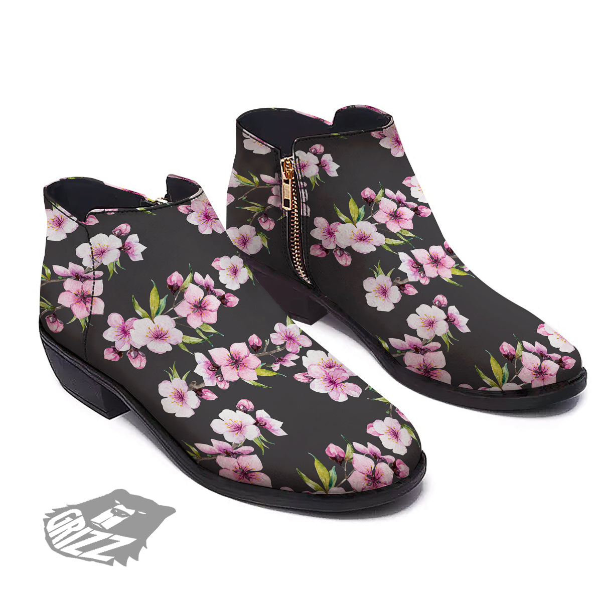 Cherry Blossom Watercolor Print Pattern Ankle Boots-grizzshop