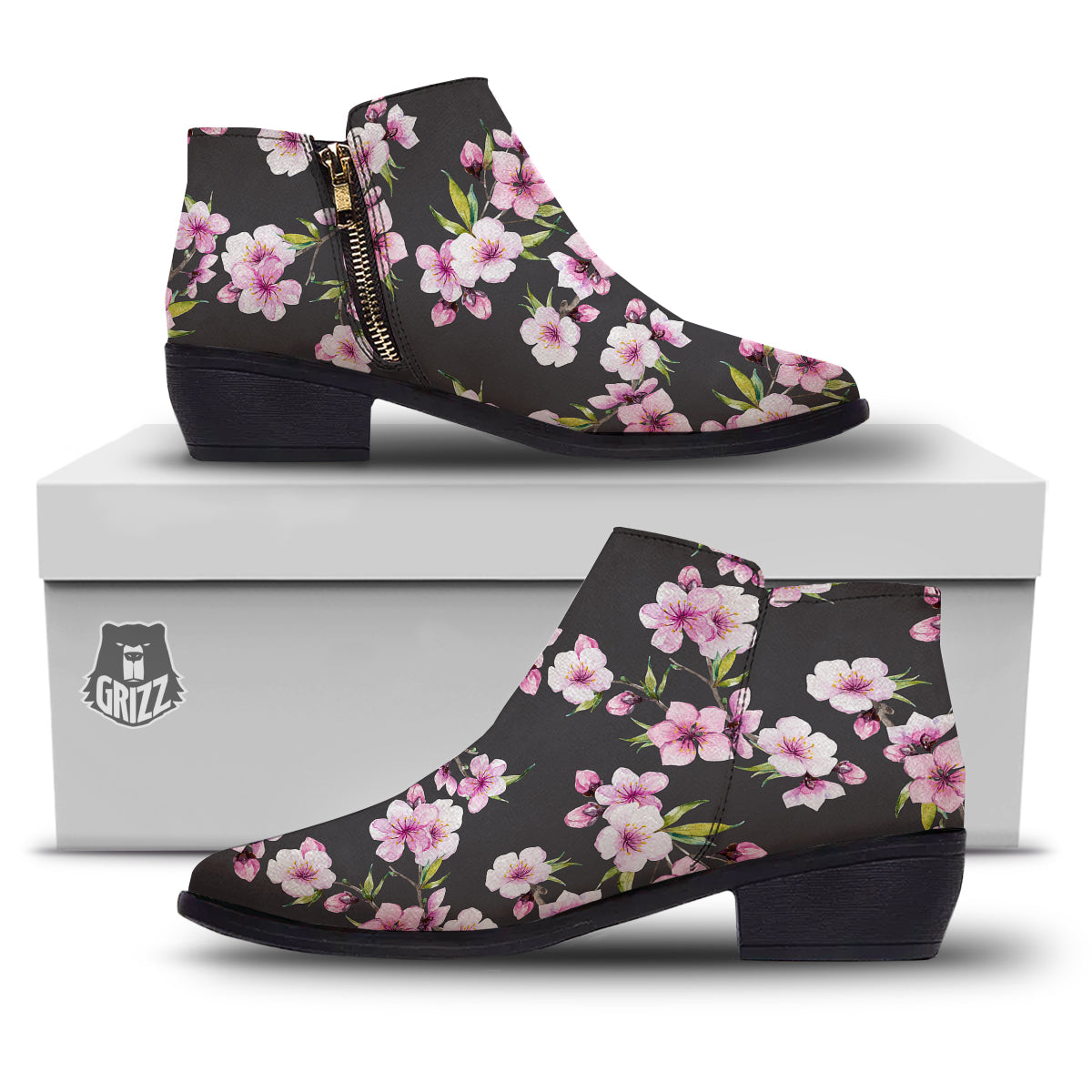 Cherry Blossom Watercolor Print Pattern Ankle Boots-grizzshop
