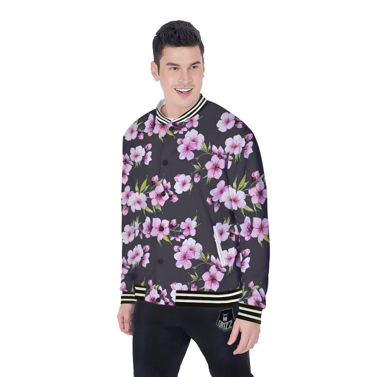 Cherry Blossom Watercolor Print Pattern Baseball Jacket-grizzshop
