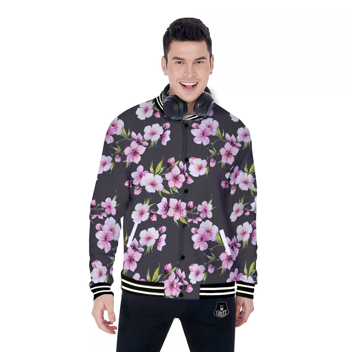 Cherry Blossom Watercolor Print Pattern Baseball Jacket-grizzshop