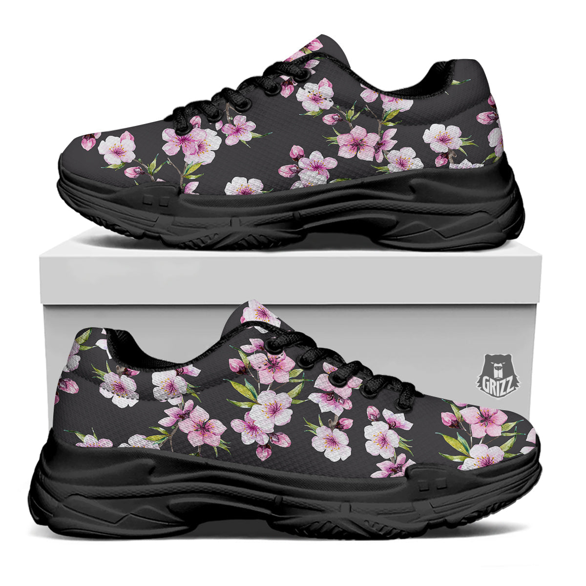 Cherry Blossom Watercolor Print Pattern Black Chunky Shoes-grizzshop