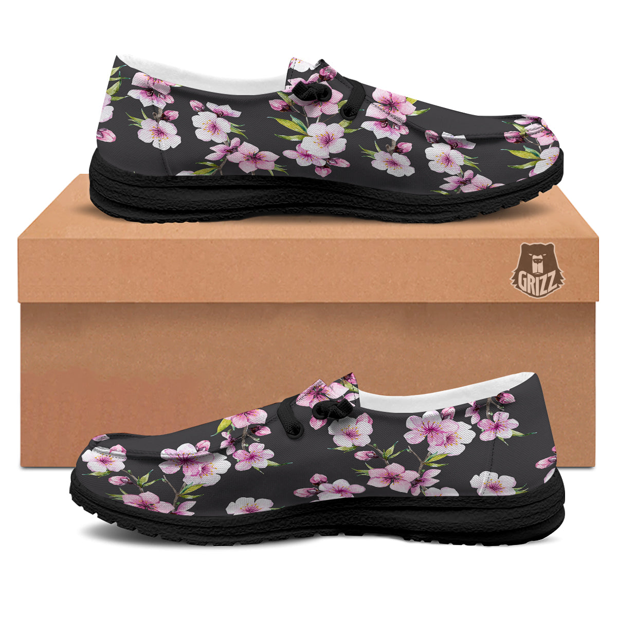 Cherry Blossom Watercolor Print Pattern Black Loafers-grizzshop