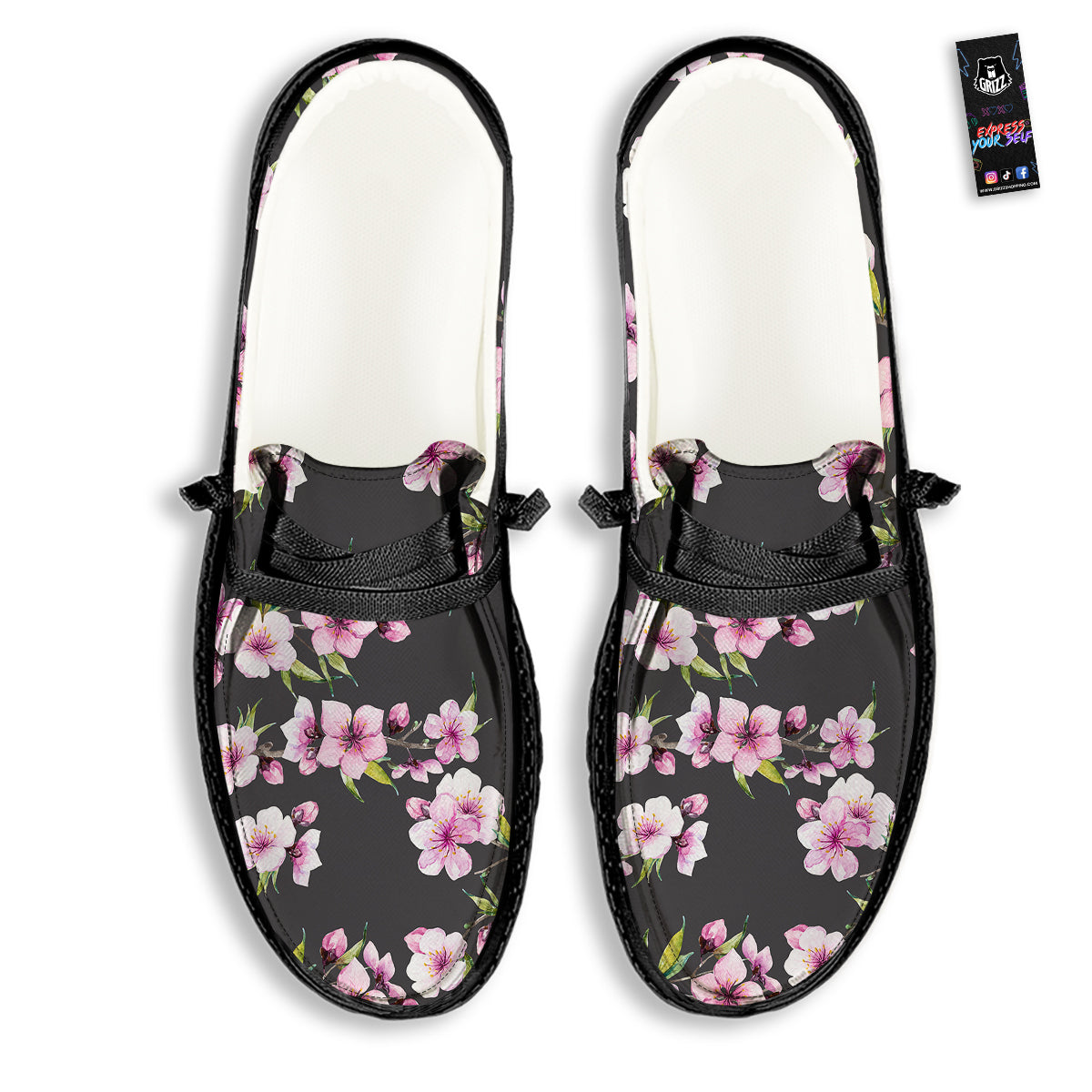 Cherry Blossom Watercolor Print Pattern Black Loafers-grizzshop