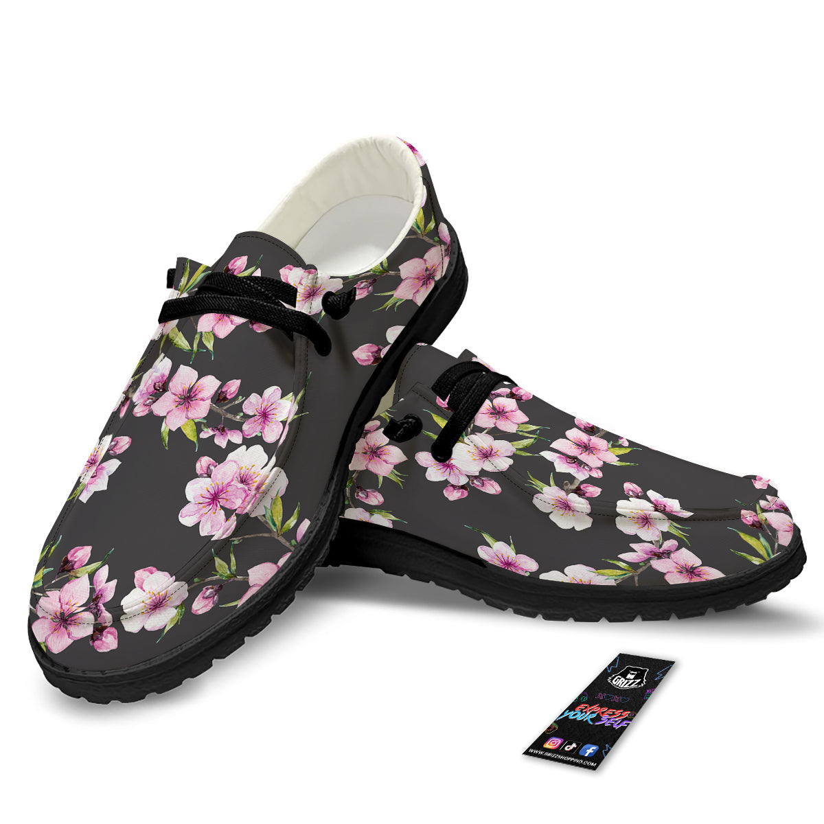 Cherry Blossom Watercolor Print Pattern Black Loafers-grizzshop