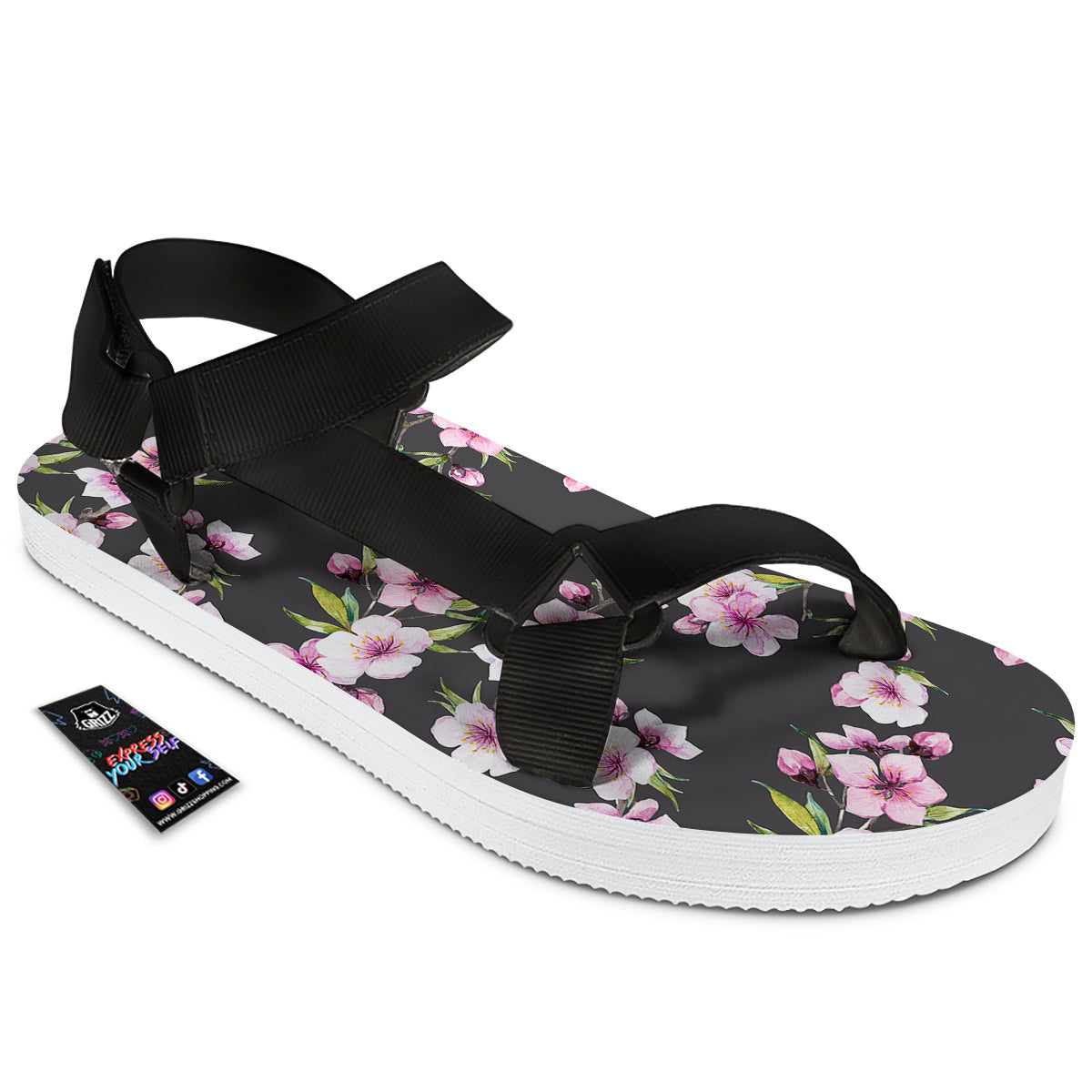 Cherry Blossom Watercolor Print Pattern Black Open Toe Sandals-grizzshop