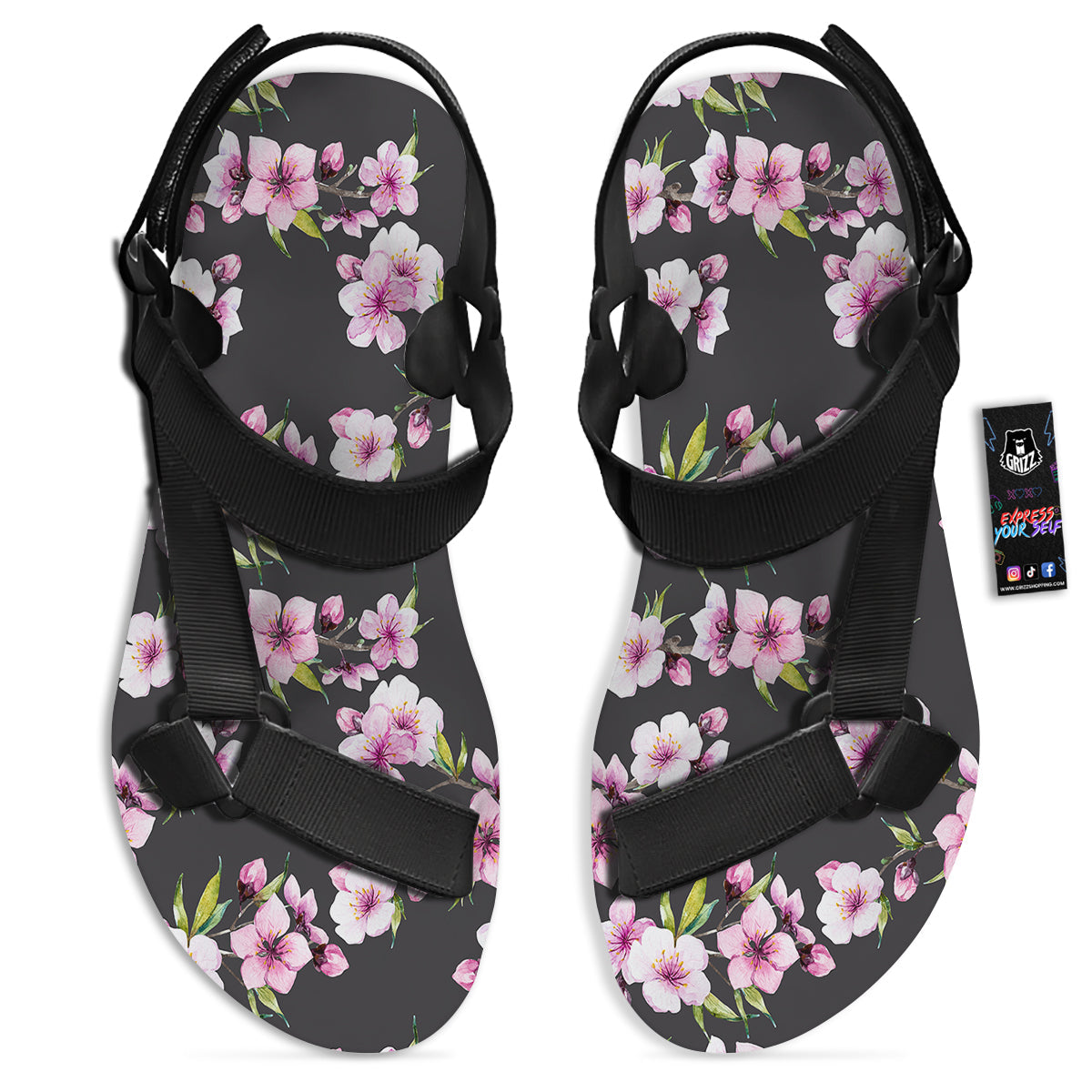 Cherry Blossom Watercolor Print Pattern Black Open Toe Sandals-grizzshop