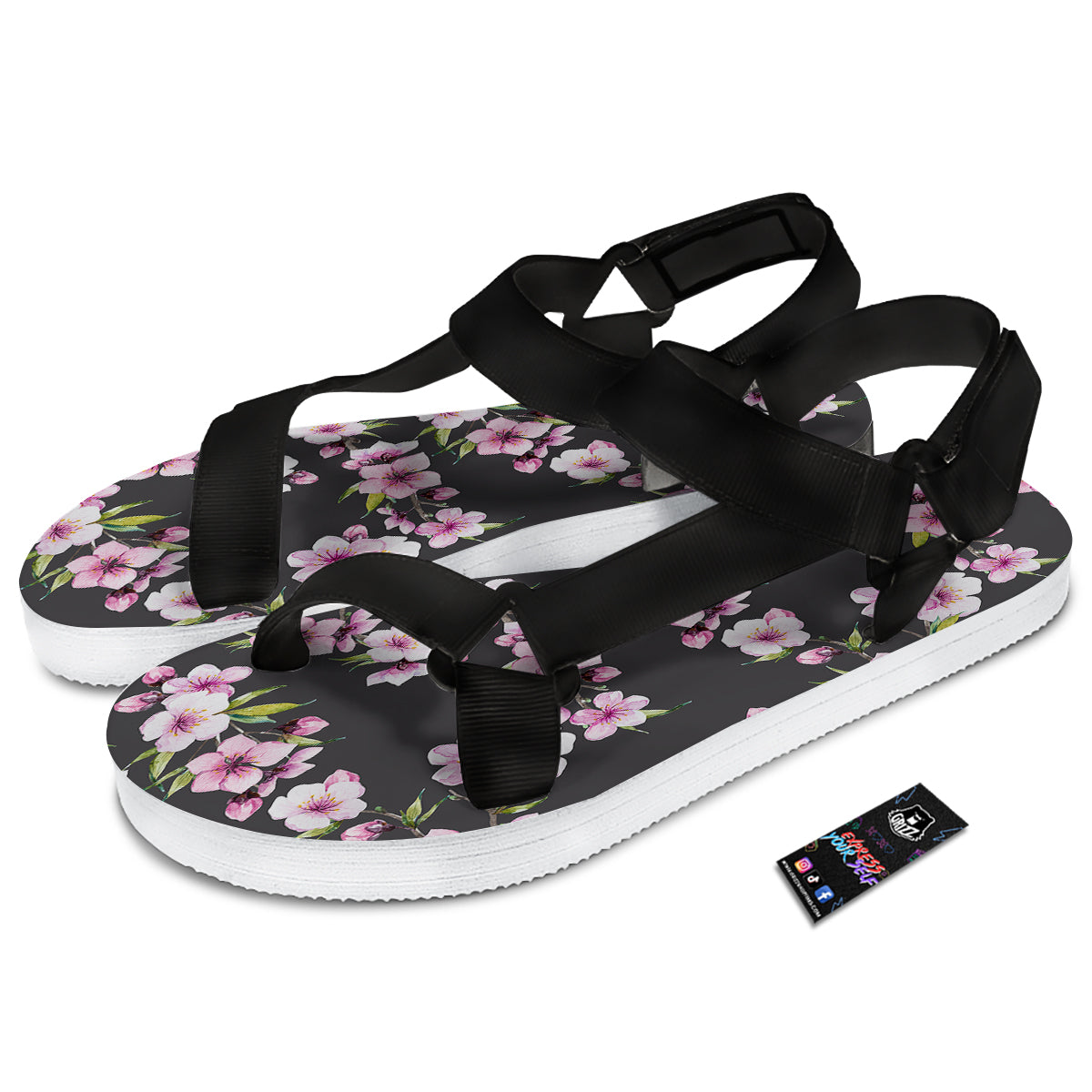 Cherry Blossom Watercolor Print Pattern Black Open Toe Sandals-grizzshop