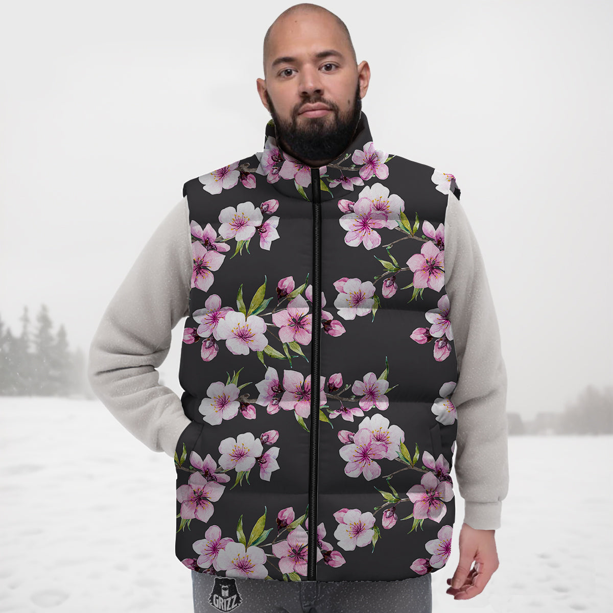 Cherry Blossom Watercolor Print Pattern Down Vest