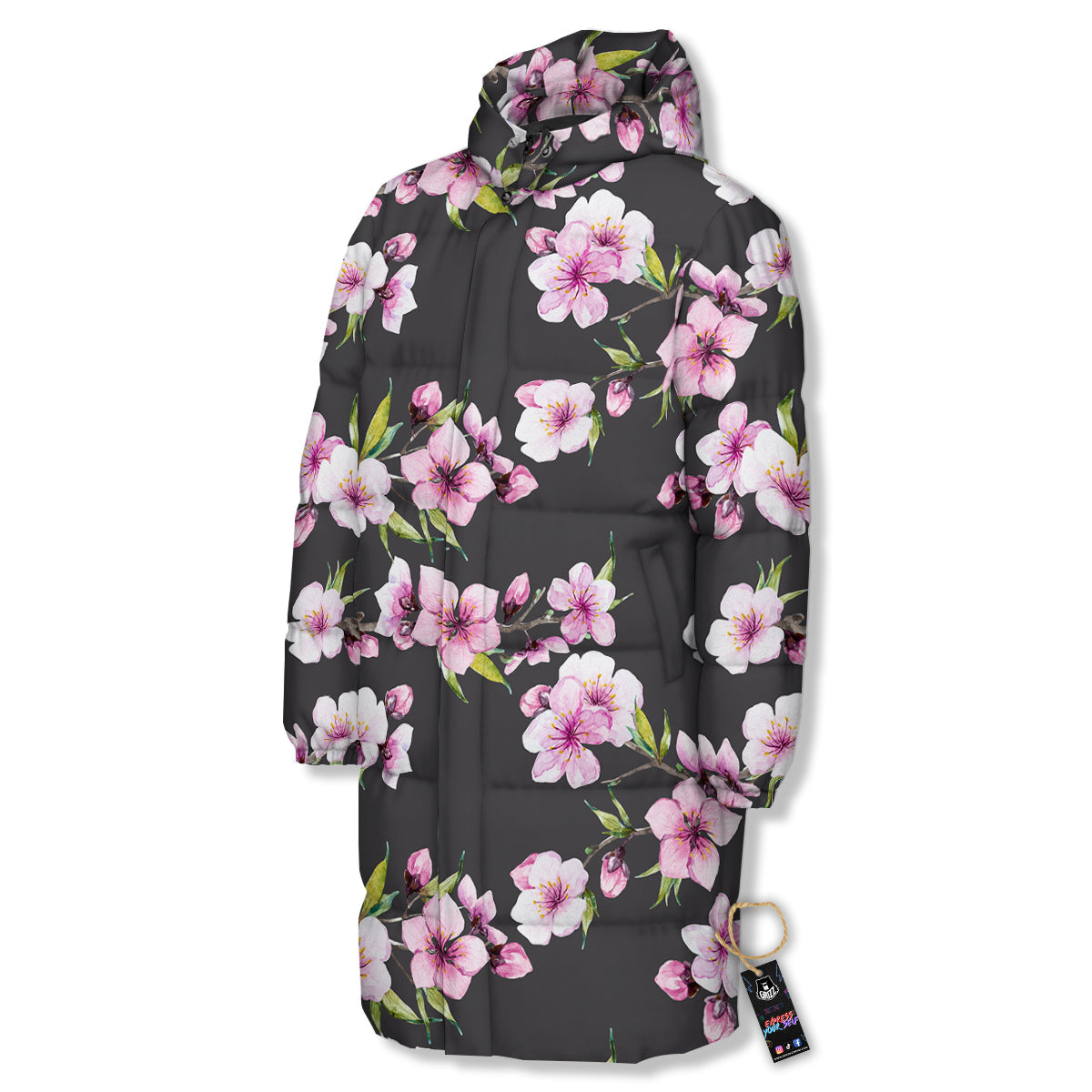 Cherry Blossom Watercolor Print Pattern Long Down Jacket-grizzshop