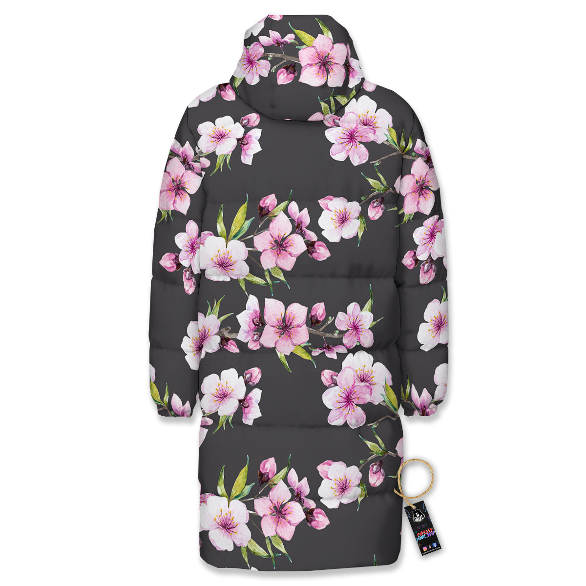 Cherry Blossom Watercolor Print Pattern Long Down Jacket-grizzshop