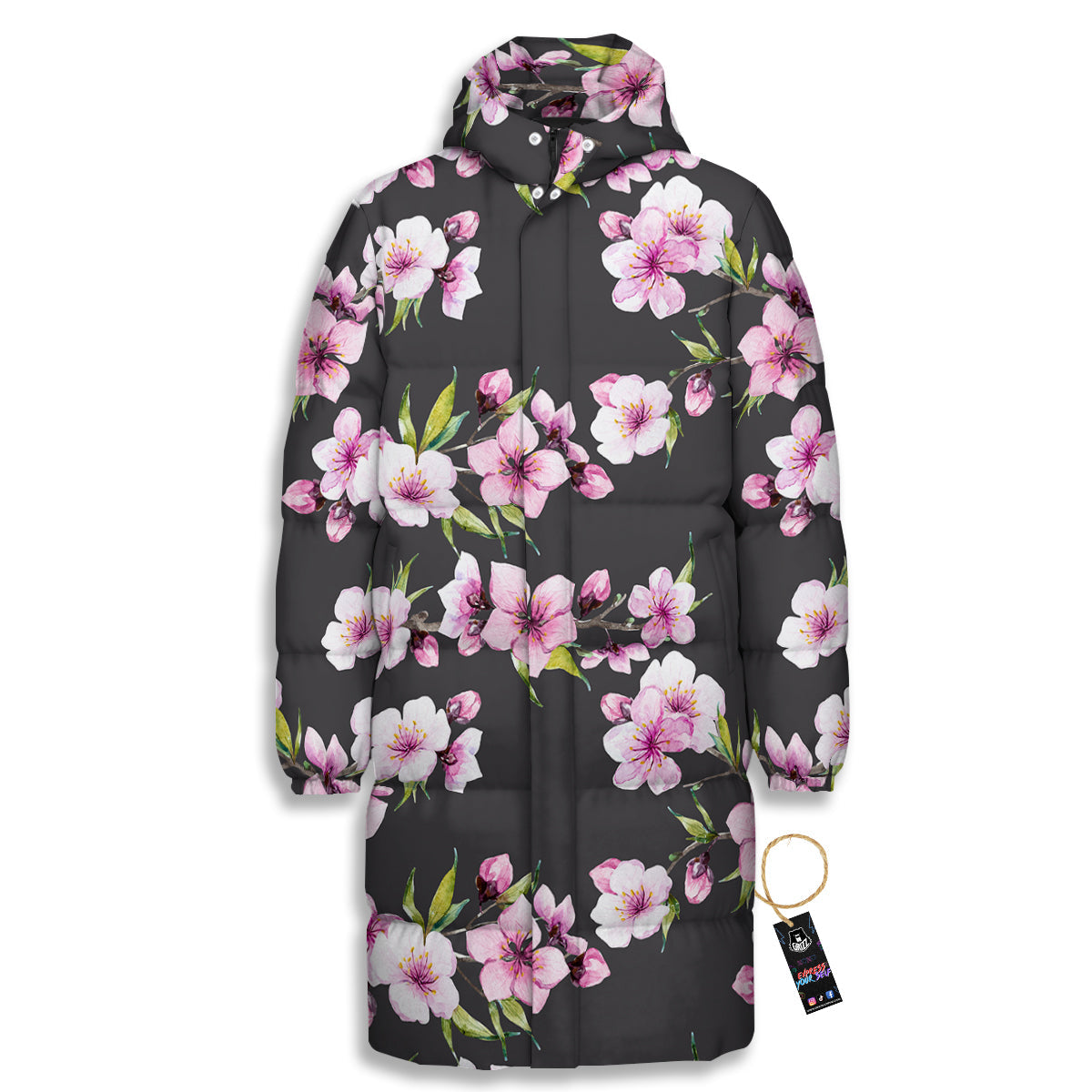 Cherry Blossom Watercolor Print Pattern Long Down Jacket-grizzshop