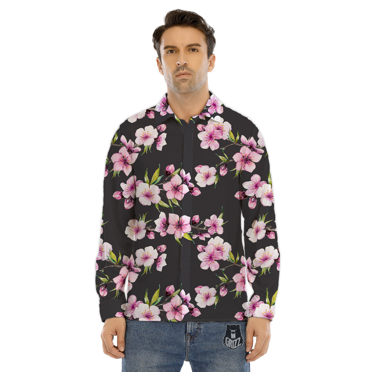 Cherry Blossom Watercolor Print Pattern Men's Dress Shirts-grizzshop
