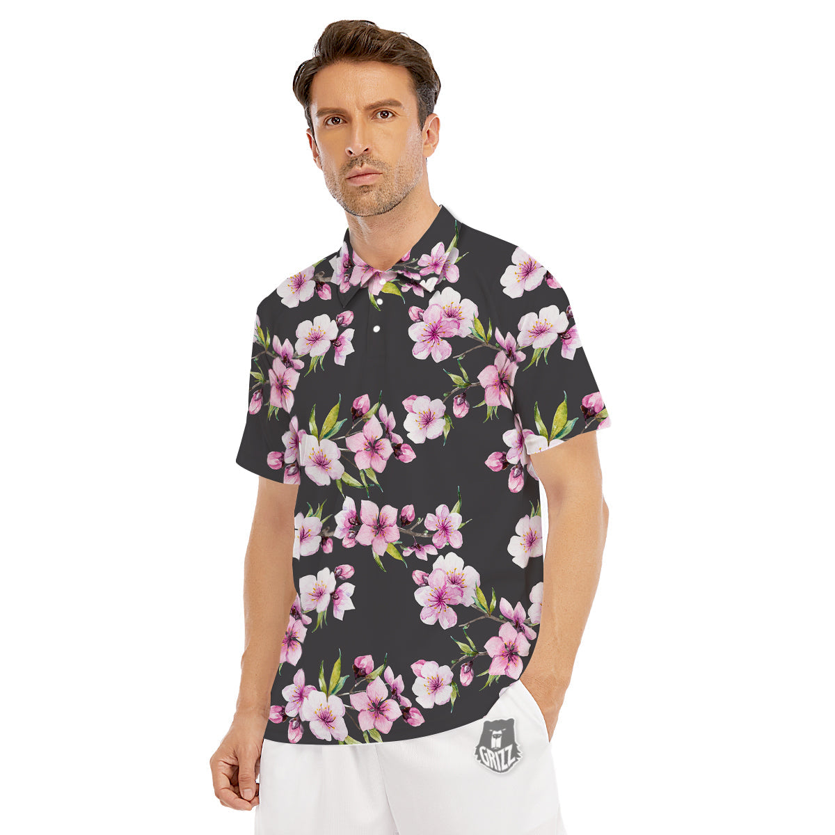 Cherry Blossom Watercolor Print Pattern Men's Golf Shirts-grizzshop