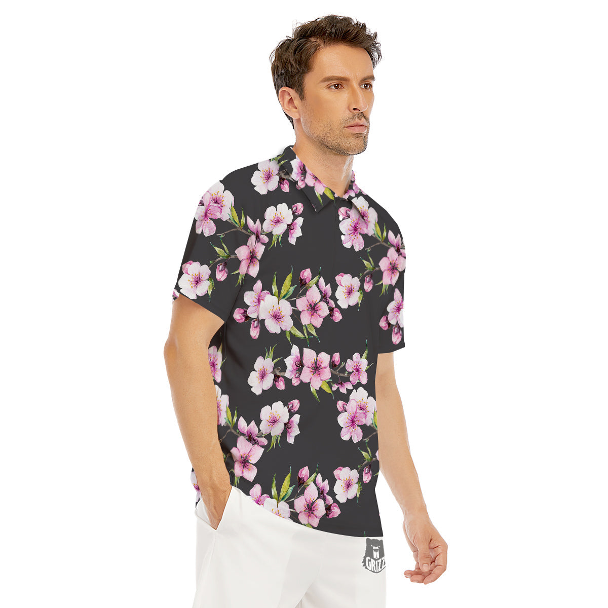 Cherry Blossom Watercolor Print Pattern Men's Golf Shirts-grizzshop