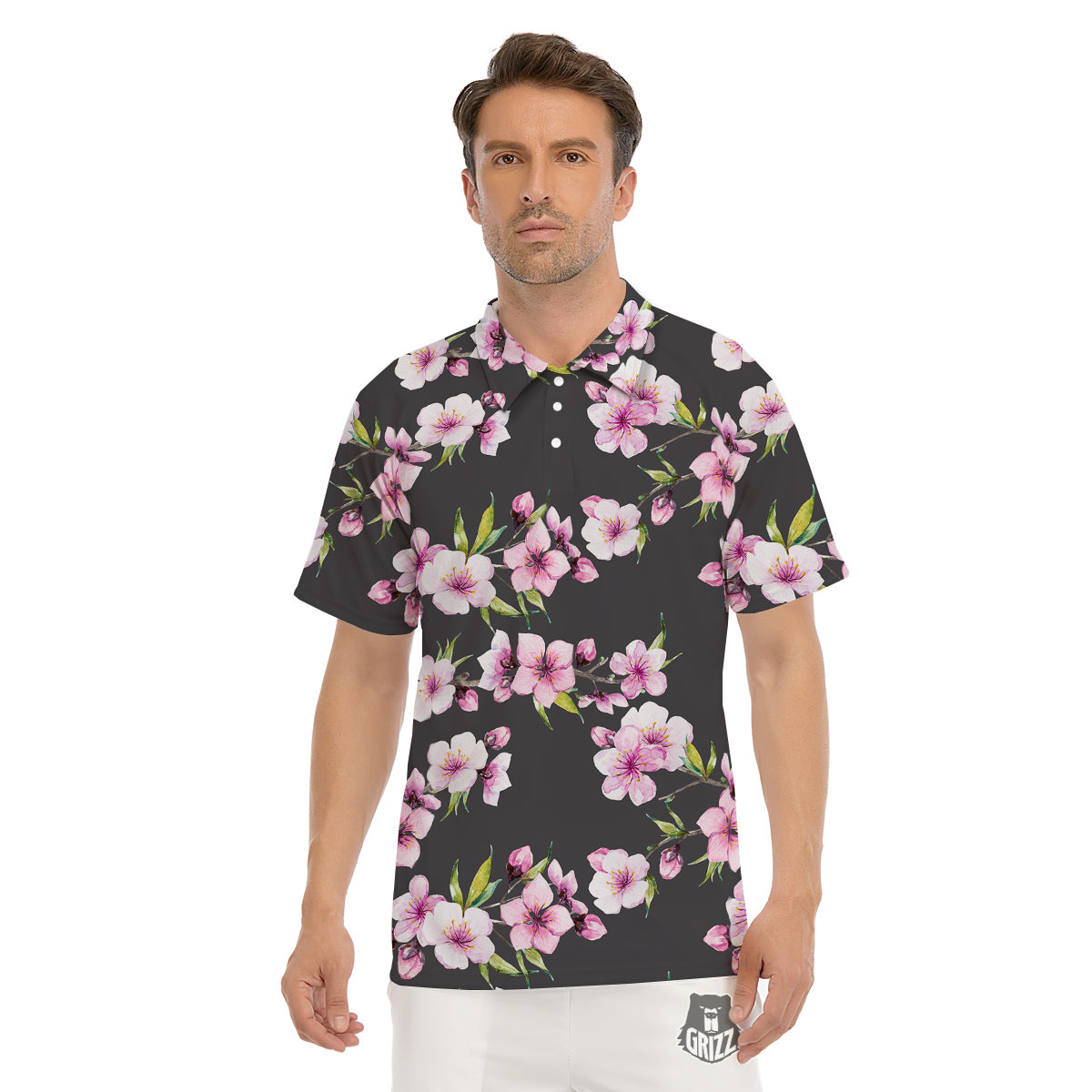 Cherry Blossom Watercolor Print Pattern Men's Golf Shirts-grizzshop