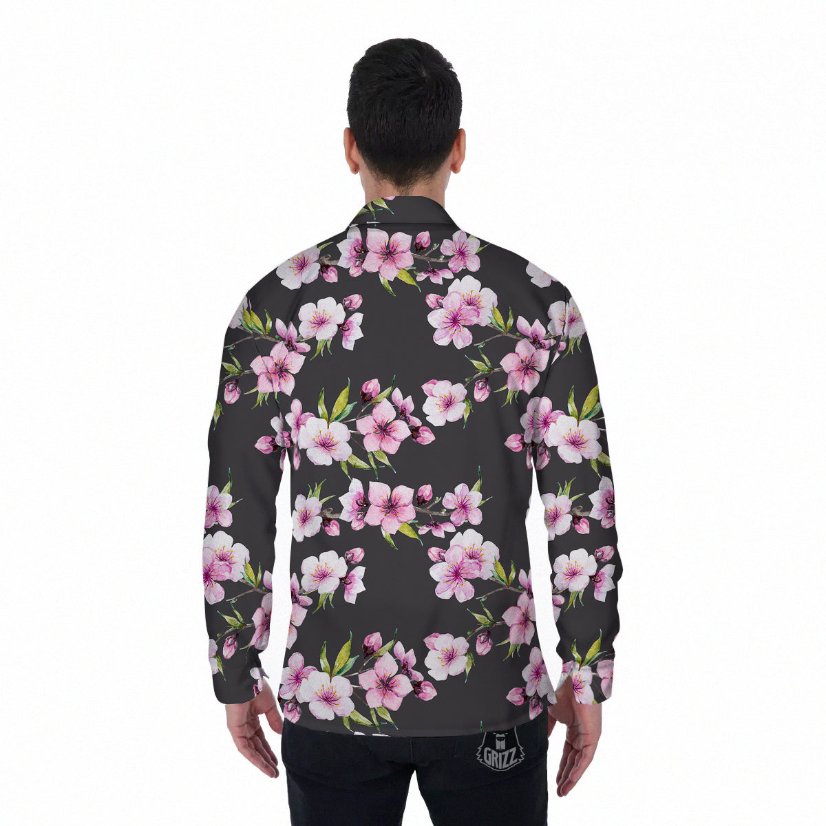 Cherry Blossom Watercolor Print Pattern Men's Long Sleeve Shirts-grizzshop