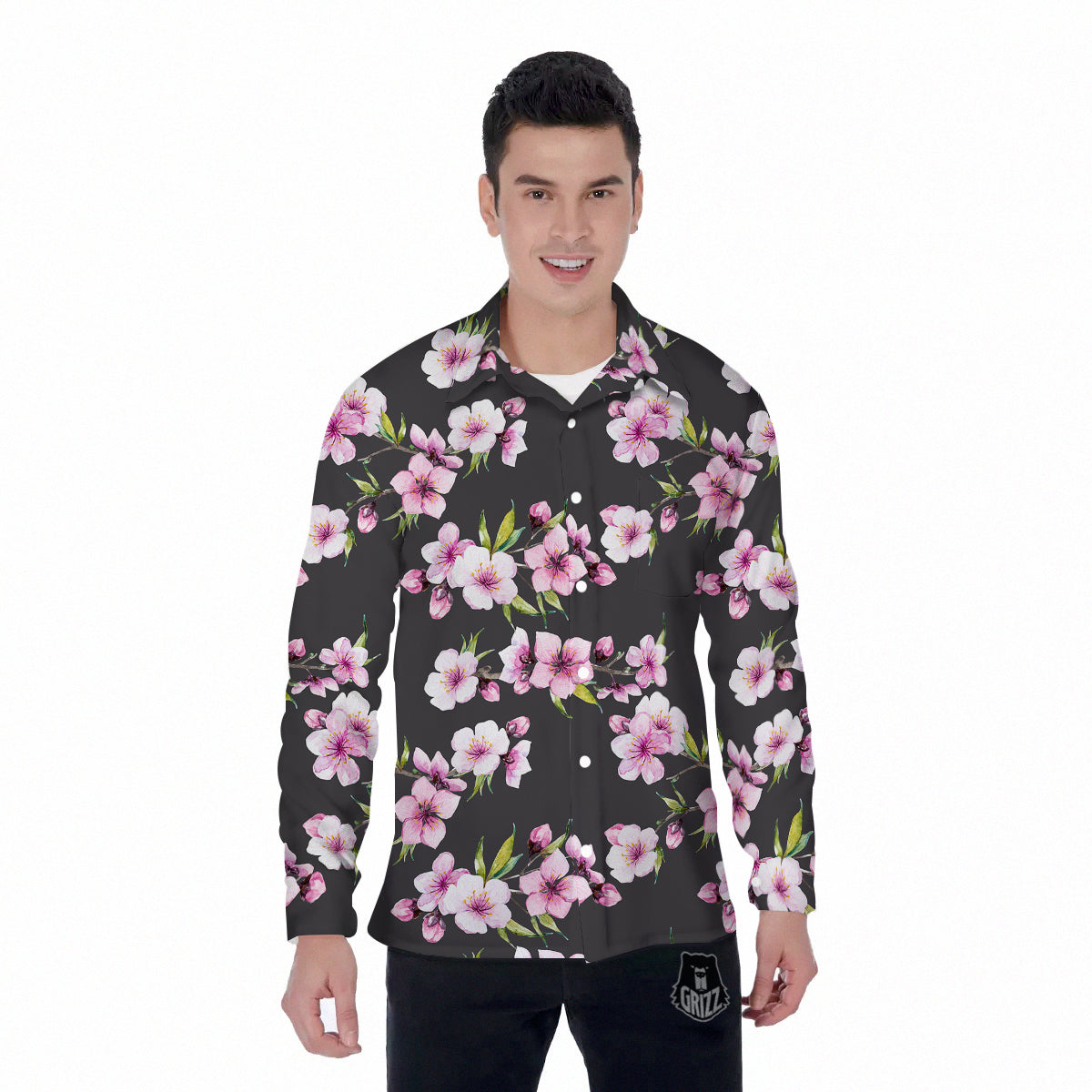 Cherry Blossom Watercolor Print Pattern Men's Long Sleeve Shirts-grizzshop