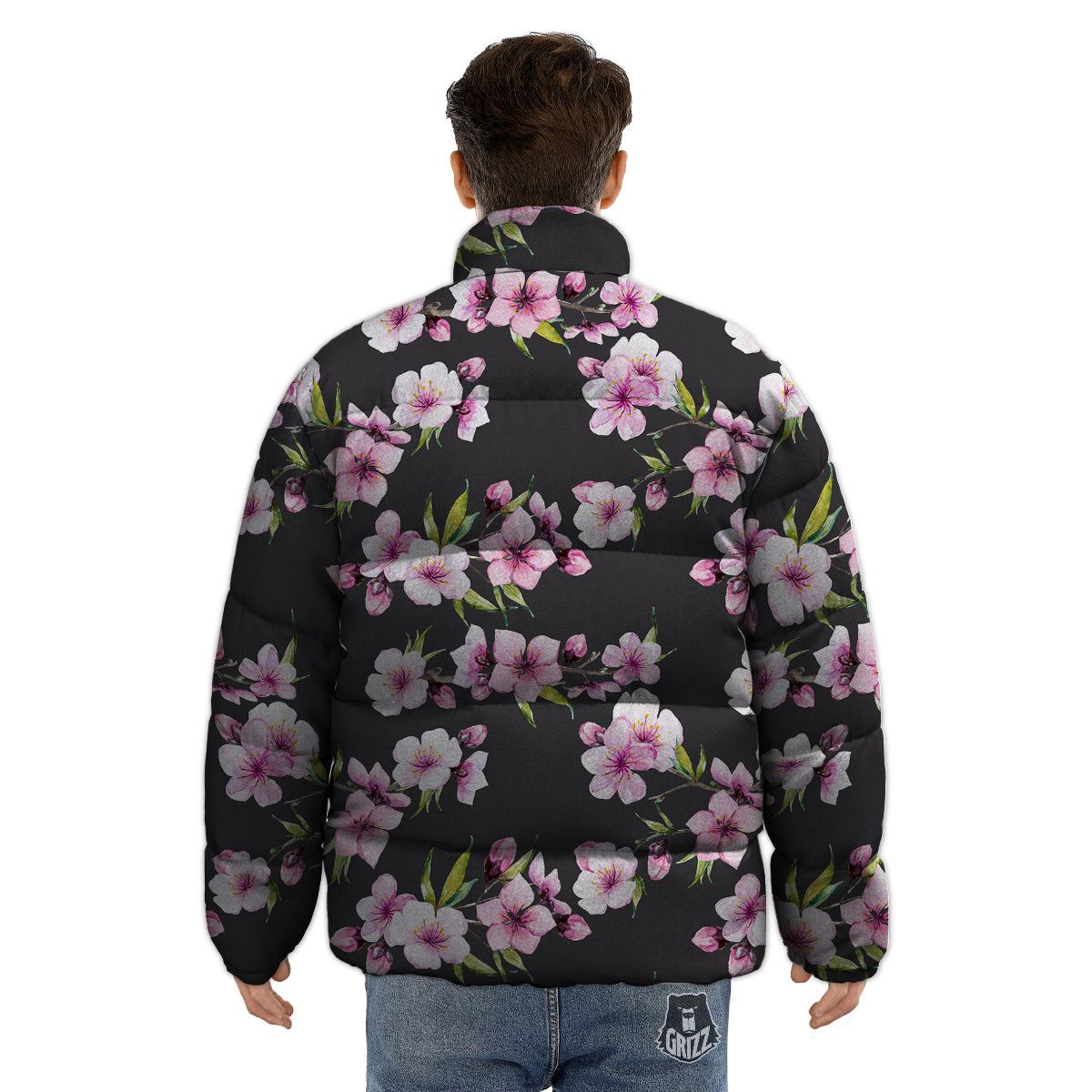Cherry Blossom Watercolor Print Pattern Puffer Jacket-grizzshop