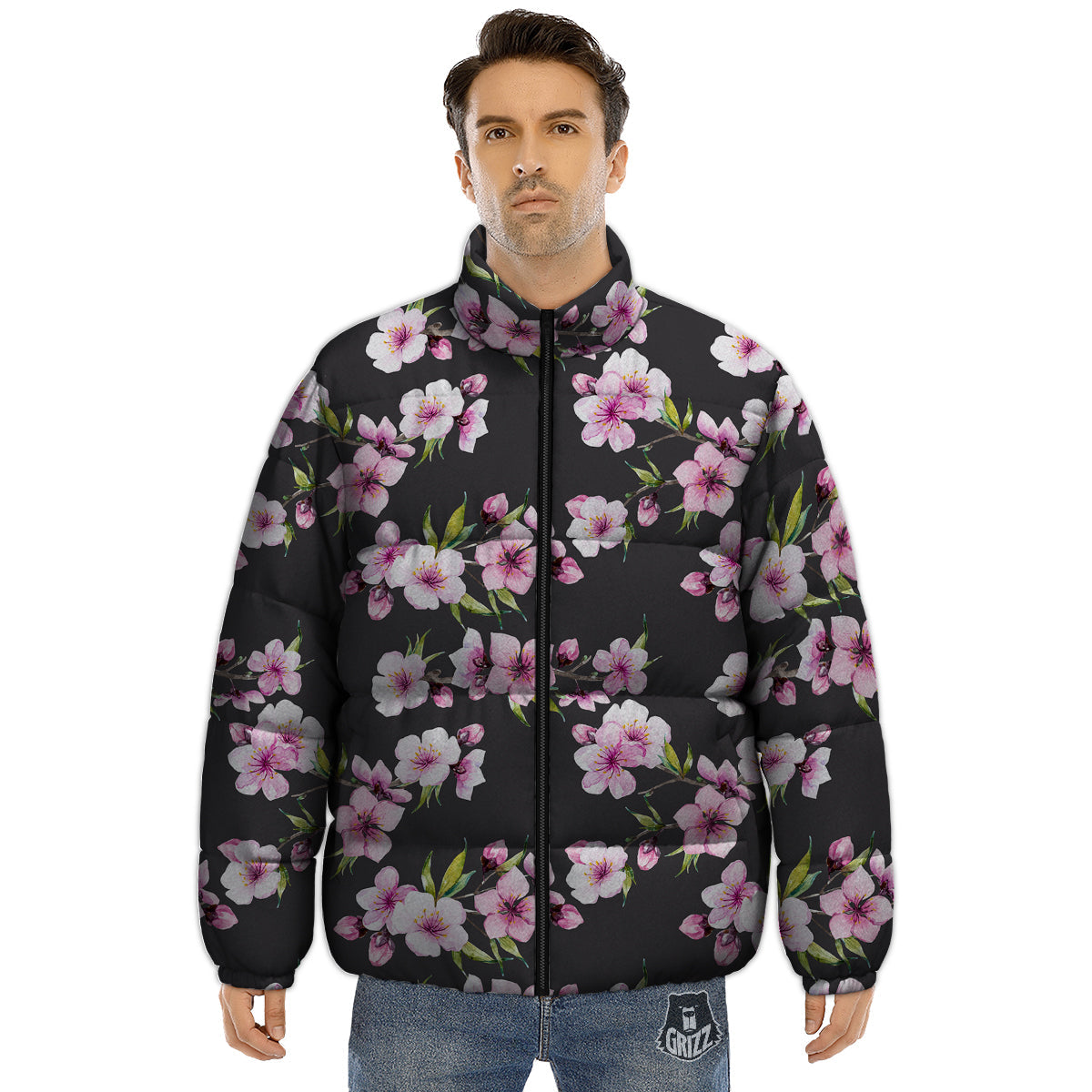 Cherry Blossom Watercolor Print Pattern Puffer Jacket-grizzshop