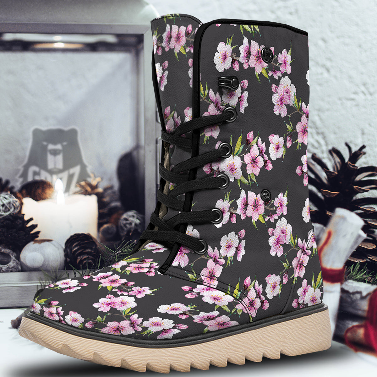 Cherry Blossom Watercolor Print Pattern Snow Boots-grizzshop